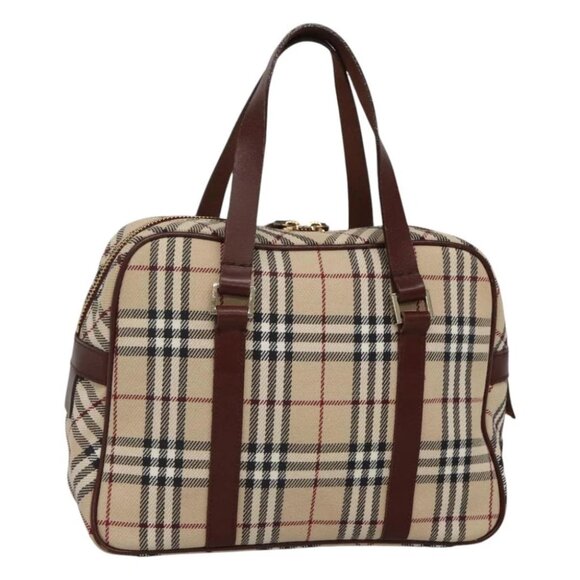 BURBERRY Nova Check Blue Label Hand Bag Canvas Beige Gold Auth 116499